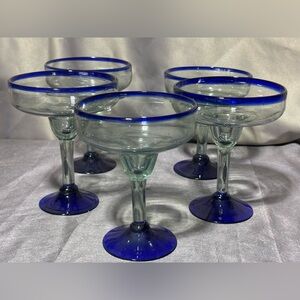 Set of 5 Hand Blown Mexican Margarita Glasses  Blue Rim & Base